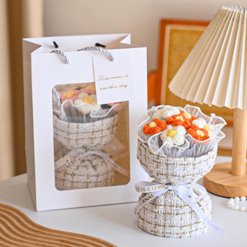 Product Introduction of 1PC Finished Mini Crochet Flower Bouquet Knitted Artificial Bouquet Creative Handmade Birthday Gift Valentine's Day Wedding Party Favors Home Decoration Cotton Plant Decorative Ornaments 23