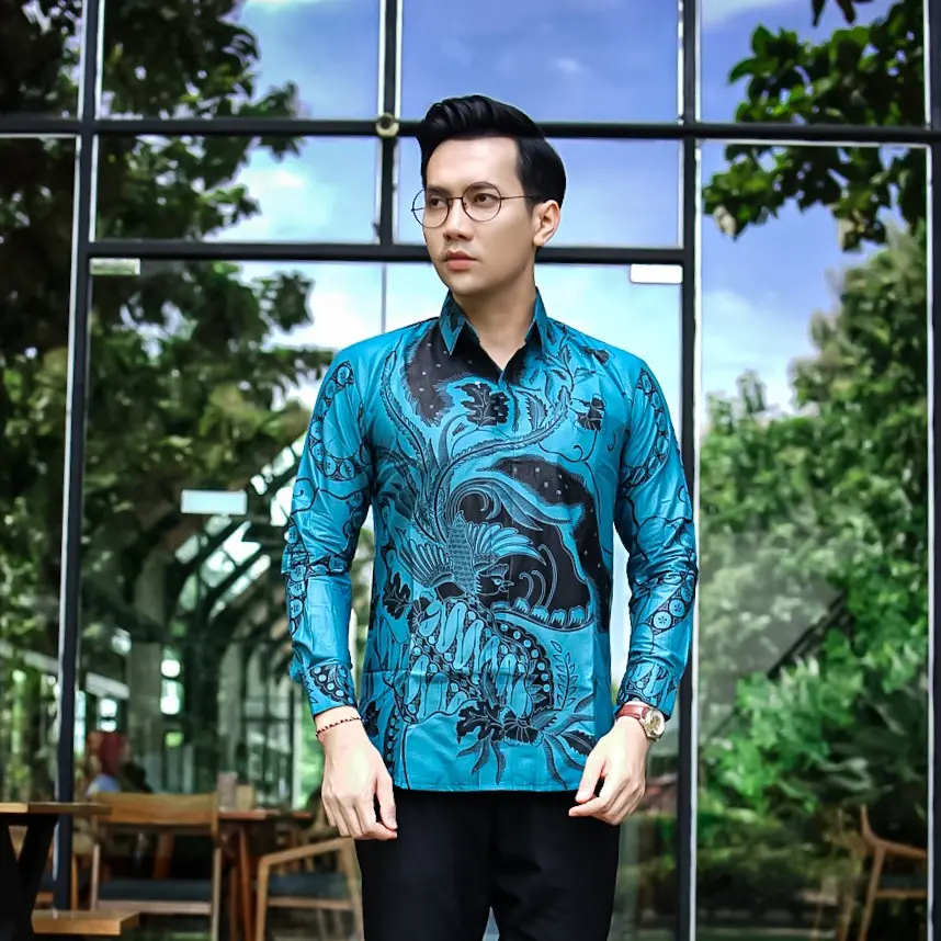 Batik Aksa kemeja pria slimfit Katun Formal Biru Kain Motif Nyaman Panjang Putih Kombinasi Baju Pendek Hitam Hem Kantor Kerja  Casual  Garis Navy