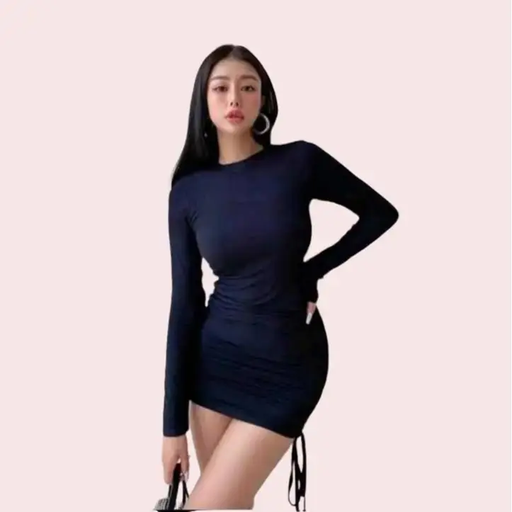 Mini Dress Bodycon Lengan Panjang Serut 2 Rib Tebal Super Premium - Korea - Casual, Bulat