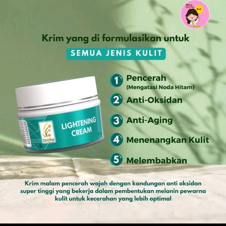 DRICHA LIGHTENING CREAM Pemutihan Pembentukan Melanin Melembabkan Anti Aging Menenangkan kulit
