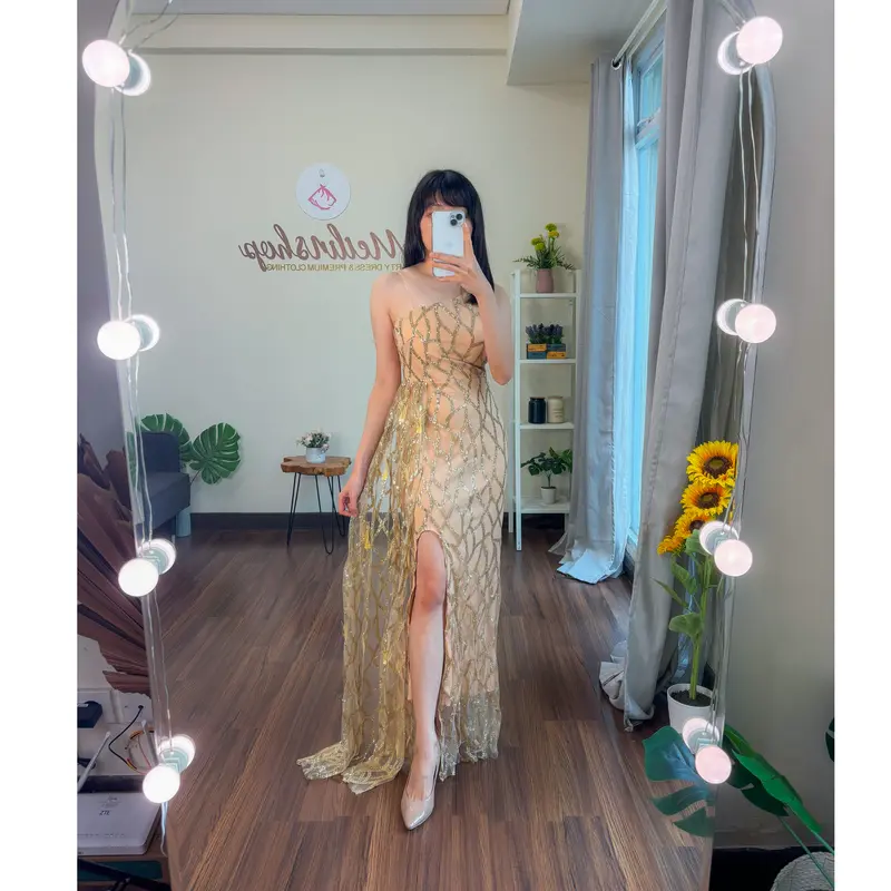 Lace Fur Glitter One Shoulder Dress Wanita Evening Formal 5