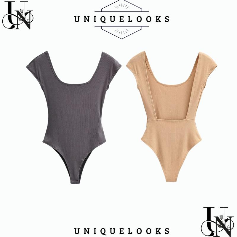BJ1860> Atasan Bodysuit Backless  Kaus Lengan Pendek Satu Potong Punggung Terbuka Ramping Ketat Kerah Persegi Seksi Gaya 1