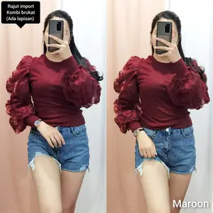 GLIVEO (COD) - BLUS RAJUT TANGAN BRUKAT MIKA LAPIS FURING IMPORT/ ATASAN RAJUT LENGAN PANJANG WANITA