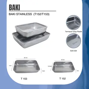 Baki Nampan Stainless Serbaguna T152/T153 Termasuk Tutup Plastik SUS 304 Ukuran 22cm x 15cm & 18cm x 12.5cm