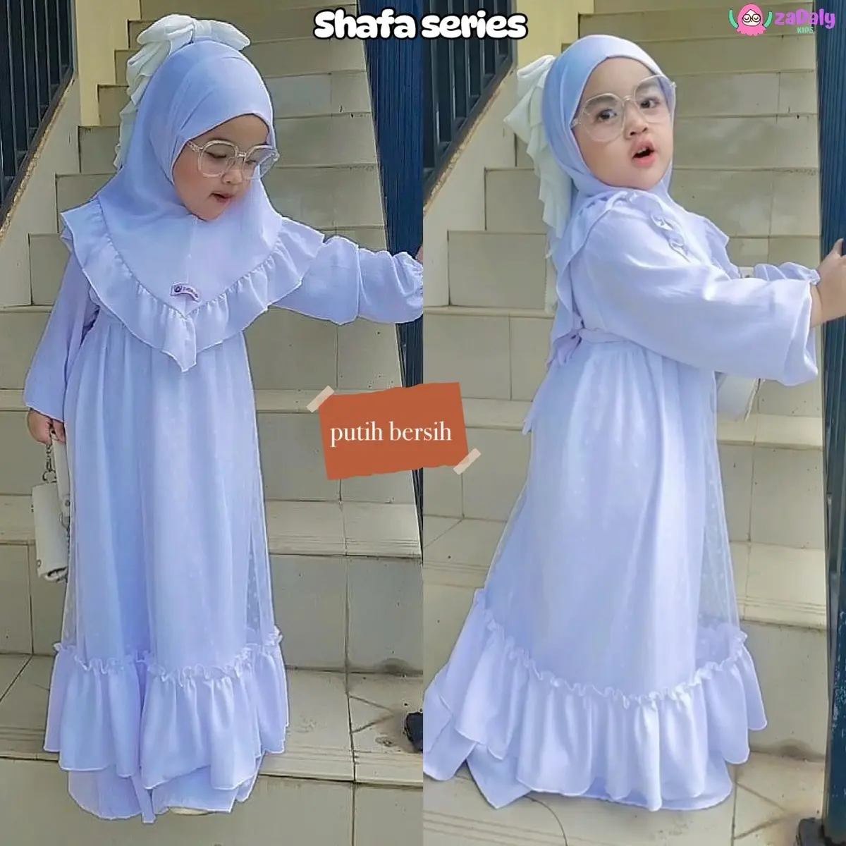 Shafa series set gamis anak free hijab /gaun anak pesta set gamis anak prempuan muslimah Tile Airflow Baju Dress Syari regular fit 55l lily green size m 4-5 tahun • denim beige
