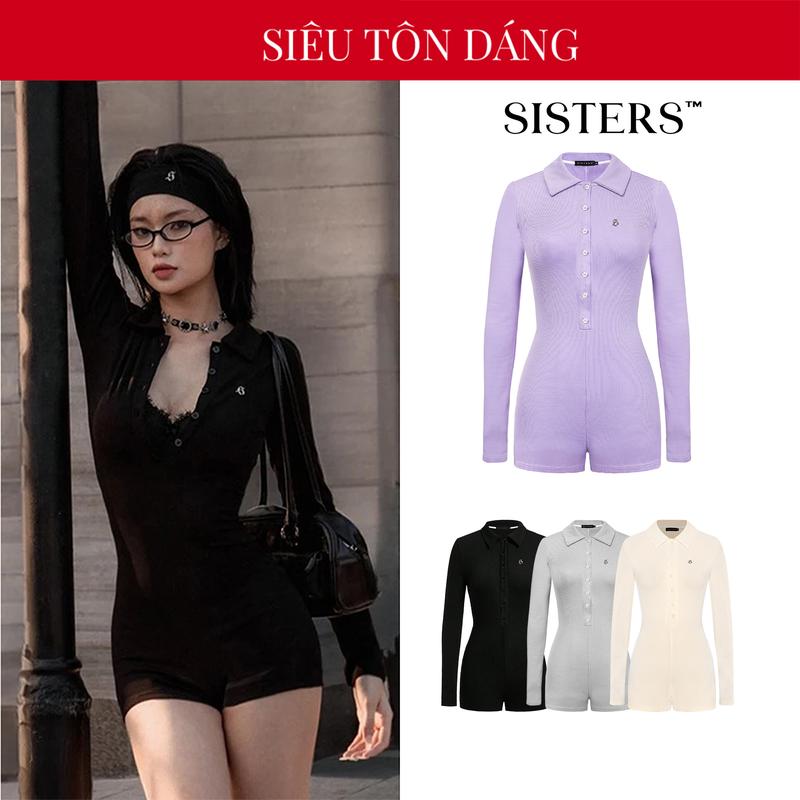 Jumpsuit nữ cổ bẻ SISTERS tay dài ôm dáng màu đen, tím, kem, xám thun gân co giãn Mallorie | SS2-J1