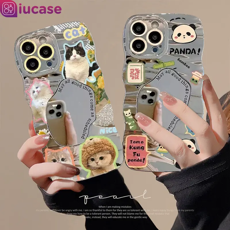 Casing Kucing Panda Cantik Lucu untuk OPPO A17 A54 A78 A16 A58 A15 A7 A16 A5s A12 A17K A54s A55 A76 A74 A3s A92 A1K A9 A5 A31 A95 A96 A52 Reno 5 6 7 8T 4F 7Z 8Z A35 A16s A12E A36 Mewah 3D Wavy Edge Make Up Mirror Case 0