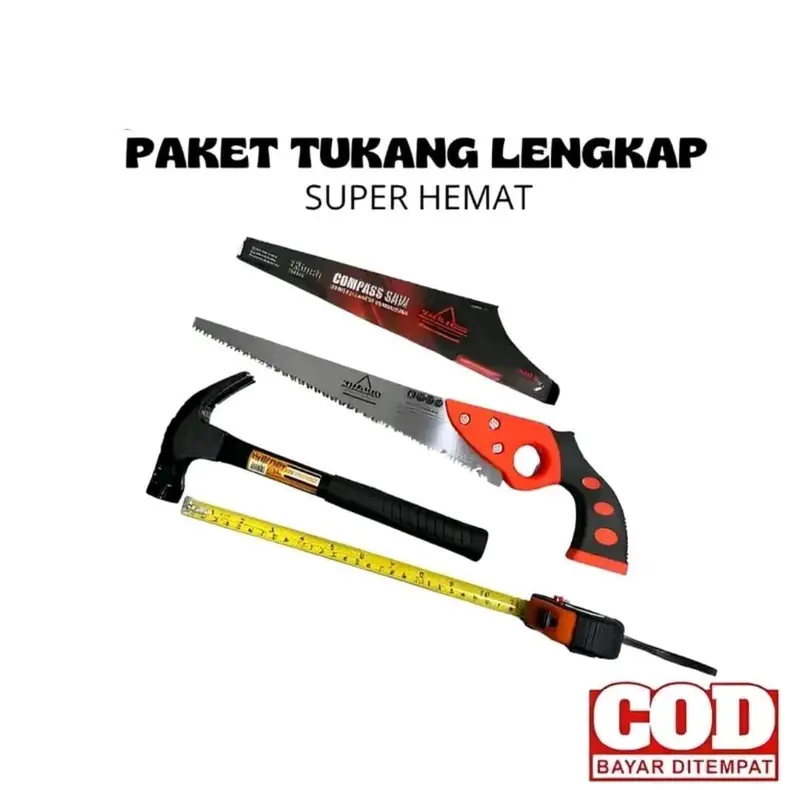 Paket Alat Tukang 3 item Gergaji Kayu Lancip 16inc Meteran 5 Meter dan Palu Gagang Besi 8oz 2