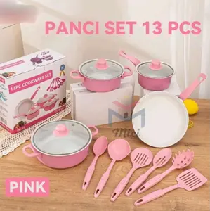MICI Panci Set 13pcs Langkap Warna Frypan Soucepan Cookware Set Free Spatula 13pcs Kaca masak Kinchenware