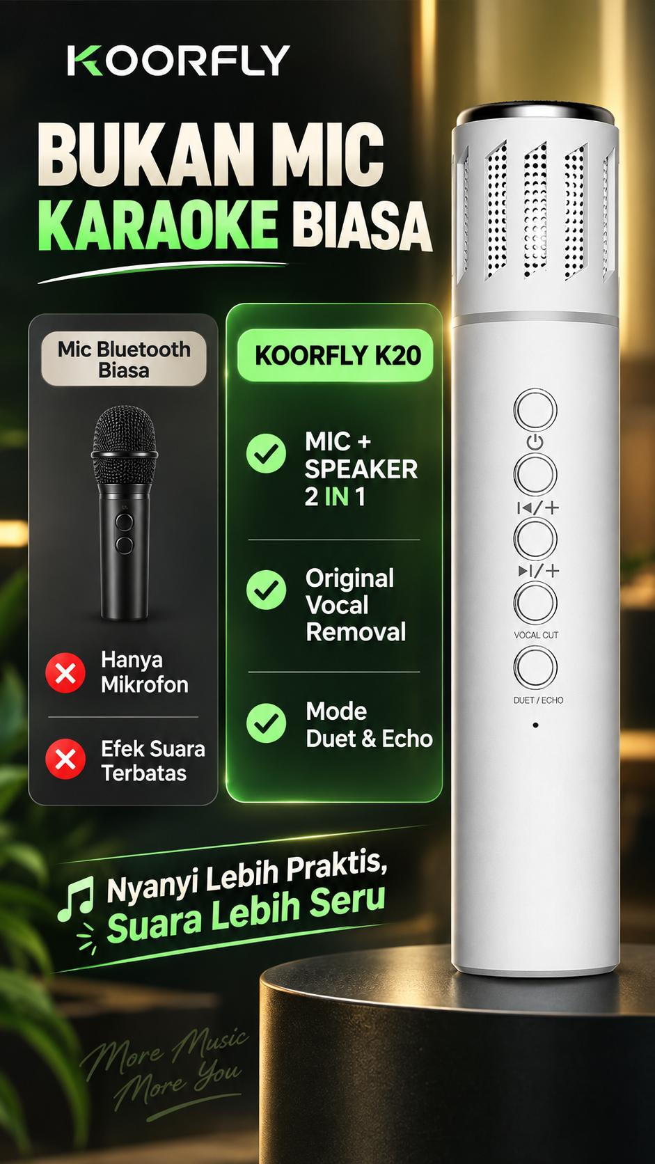 KOORFLY K20 Mic Karaoke Bluetooth 2-in-1 + Speaker Portable | Vocal Cut, Duet & Echo | TF Card & Earphone Support