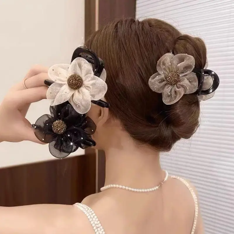 Kẹp Tóc Hoa Hướng Dương Lưới Kim Cương Giả Dành Cho Nữ, Kẹp Tóc Thanh Lịch, Kẹp Cá Mập 8Cm, Phụ Kiện Tóc, Cho Tóc Sau Đầu