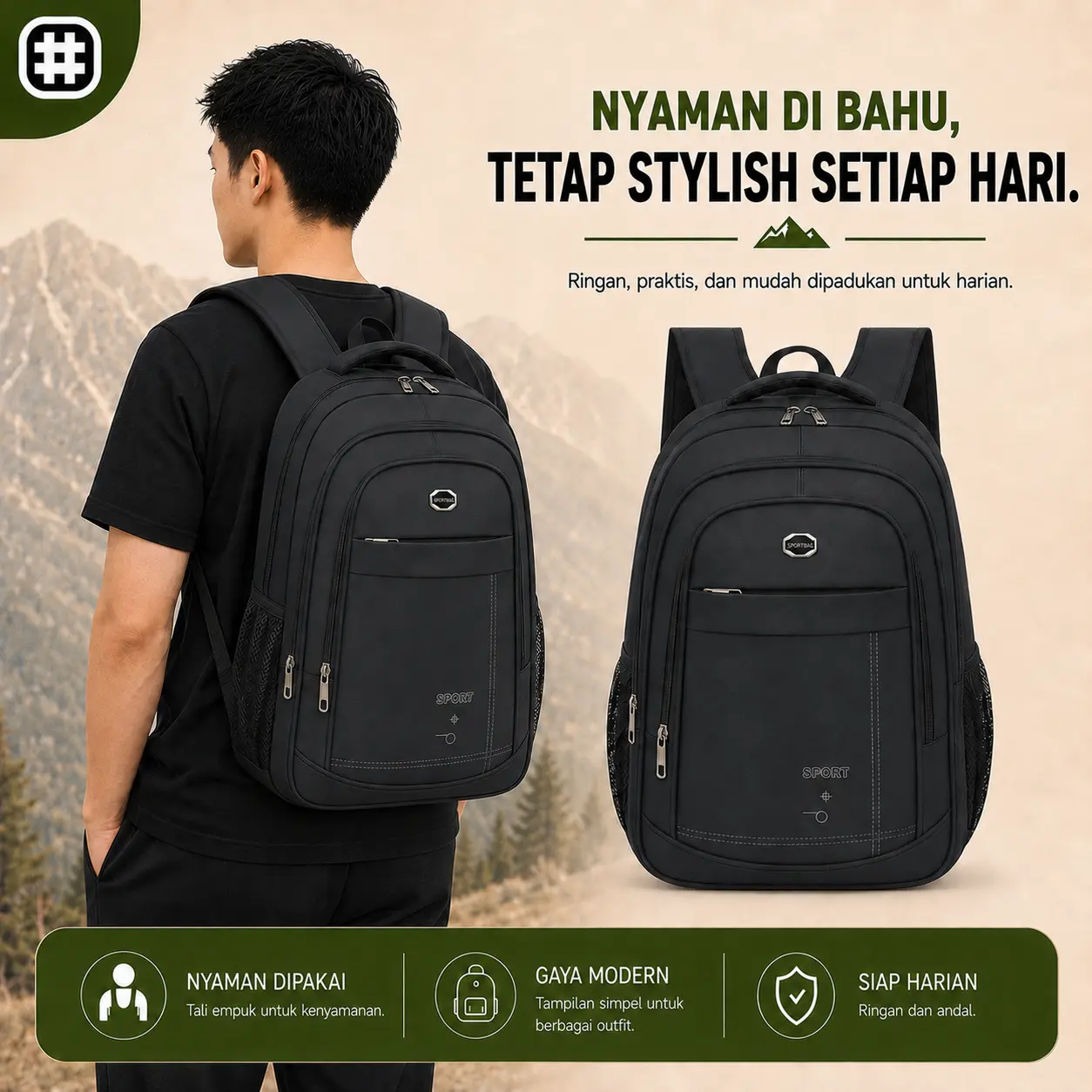 GRIDPACK Tas Ransel Pria Mewah Tahan Air, Unisex Kapasitas Besar, Tas Sekolah Kuliah Gaya Korea, Tas Travelling 1085-7
