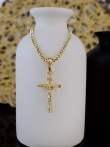 Collar unisex de cruz, colgante de 18k chapado en oro, cadena de 3mm de 24 pulgadas, accesorio de joyería de regalo de Jesús, diseño simbólico cristiano