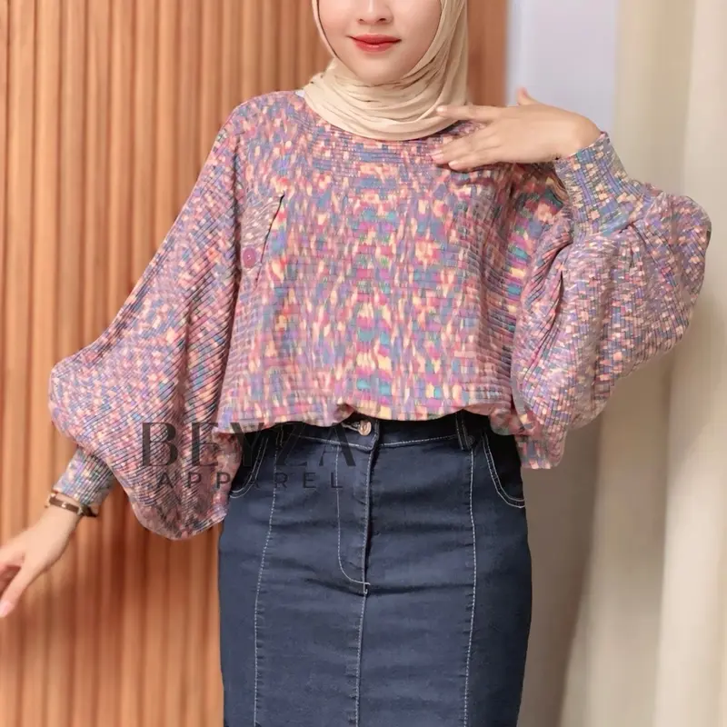 [Beyza Apparel] Karin Batwing Rajut Premium Atasan Wanita Korean Style Motif Abstract Blouse Kelelawar Lengan Balon Baju Panjang Oversize Knitwear 0