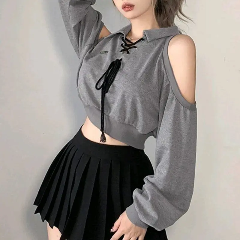 Sweater Wanita Lisa Open Shoulder End Stylish Basic Crop Knitwear Atasan Crewneck Fleece Lembut Hoodie Crop Top Remaja - Oversize, Panjang Hitam Nyaman Casual High 0