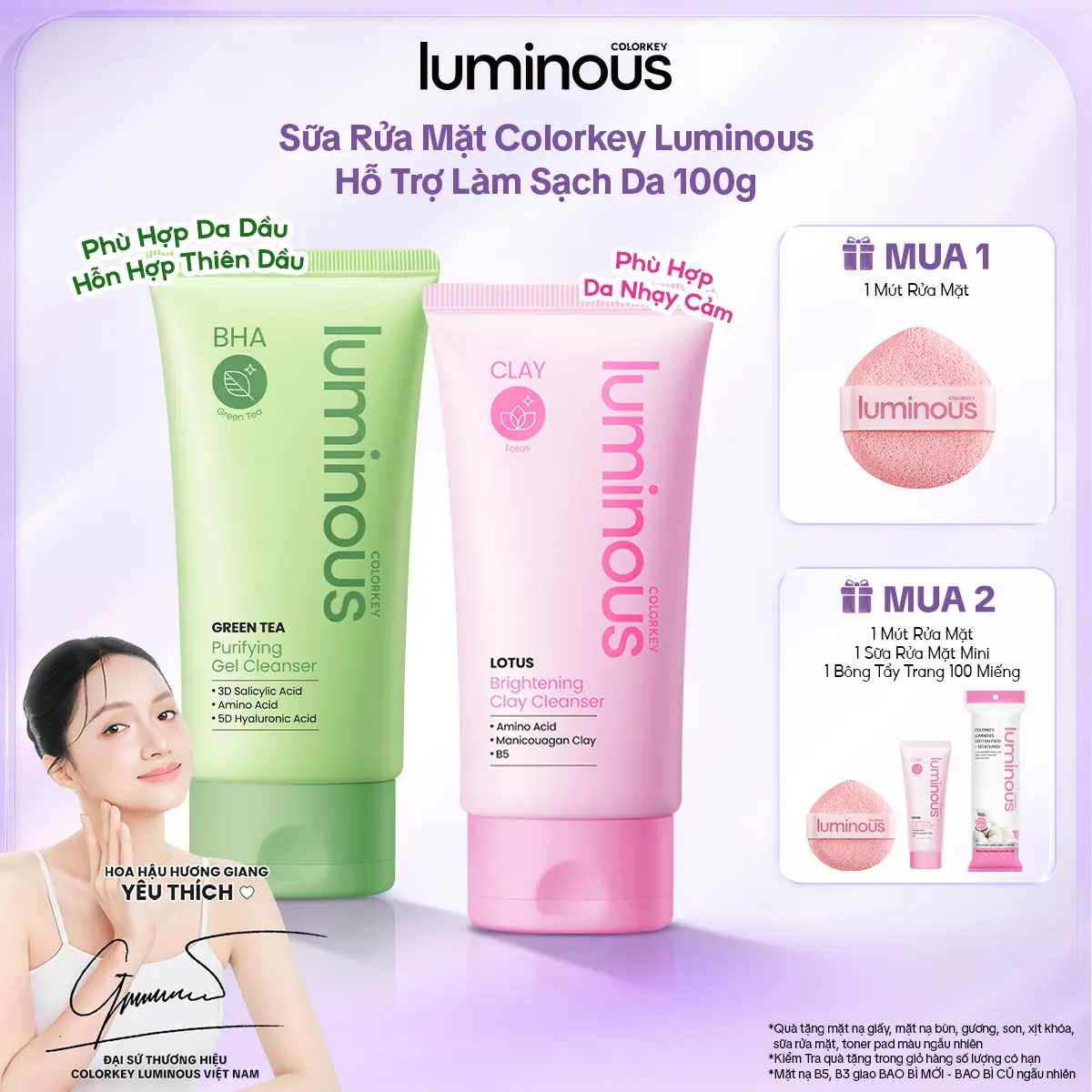 Sữa Rửa Mặt Colorkey Luminous Bùn Khoáng Hoa Sen/Trà Xanh Cho Da Nhạy Cảm Làm Sạch Sâu, Giảm Dầu Thừa & Ngăn Ngừa Mụn 100g