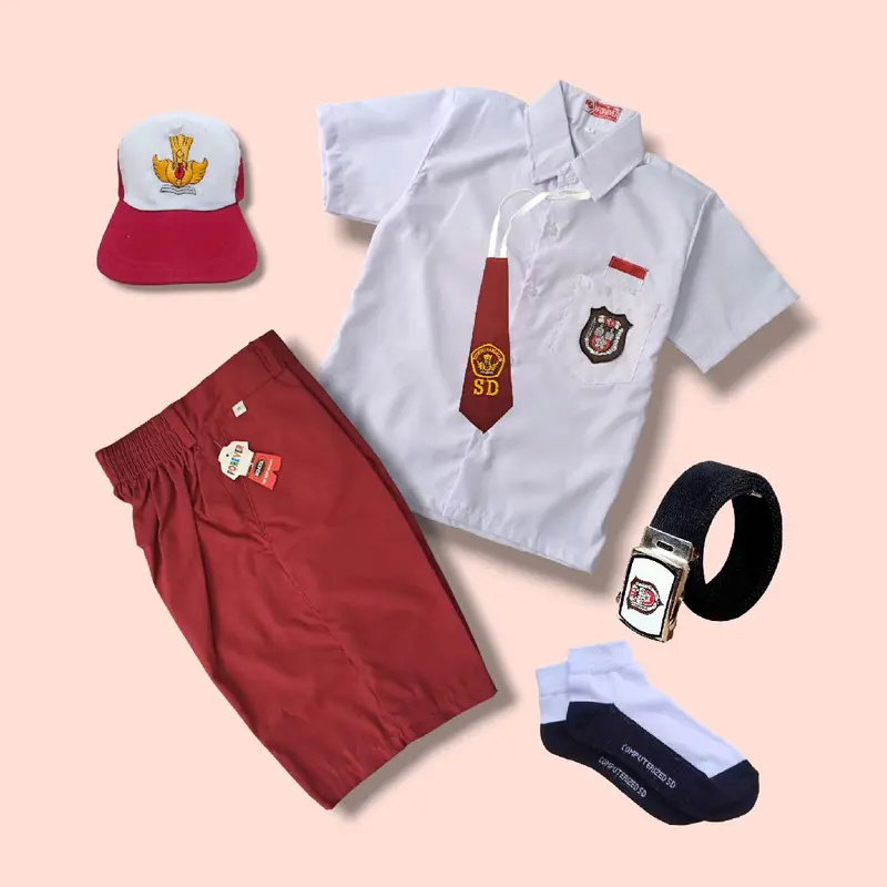 Setelan Seragam Sekolah Merah Putih  SD Anak Laki-Laki Baju Putih Lengan pendek Celana Merah Pendek 0
