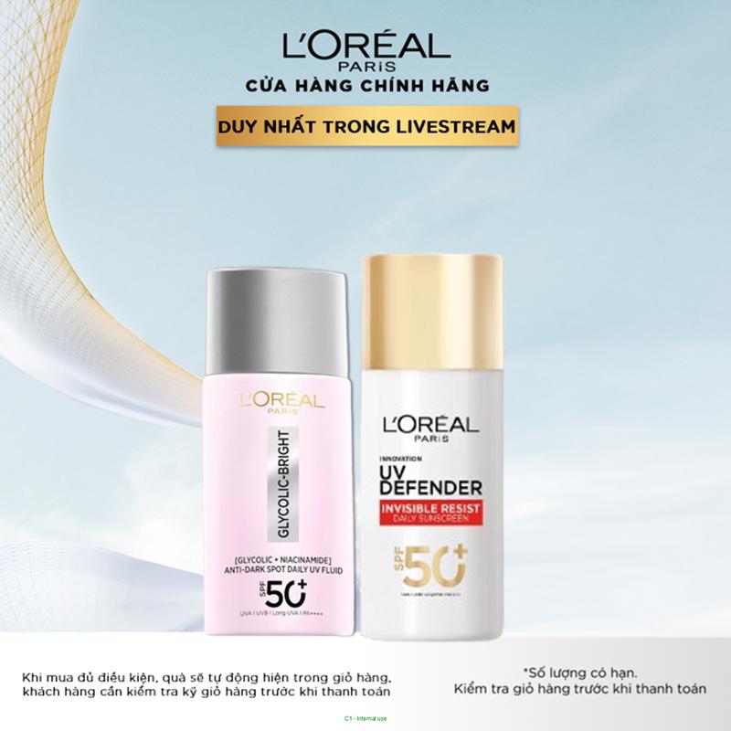 Bộ đôi kem chống nắng mỏng nhẹ kết hợp dưỡng chất sáng da Glycolic Acid Loreal Paris và Kem chống nắng vạch đỏ (50mlx2)
