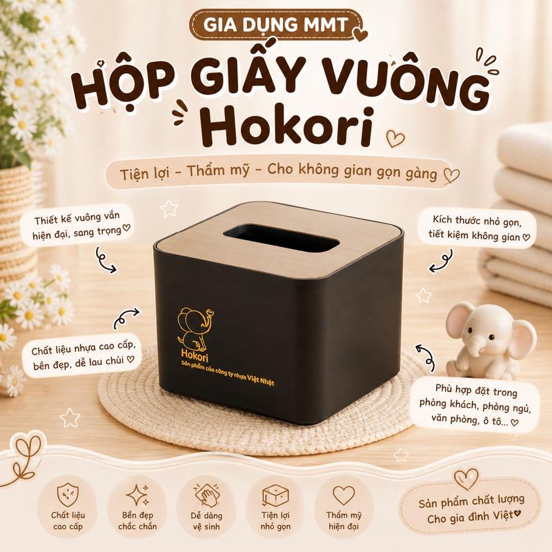 ( Hàng mới) Hộp giấy ăn Hokori để bàn, thiết kế hình chữ nhật đa năng và tiện lợi cho mọi không gian sử dụng. Nhựa Việt Nhật
