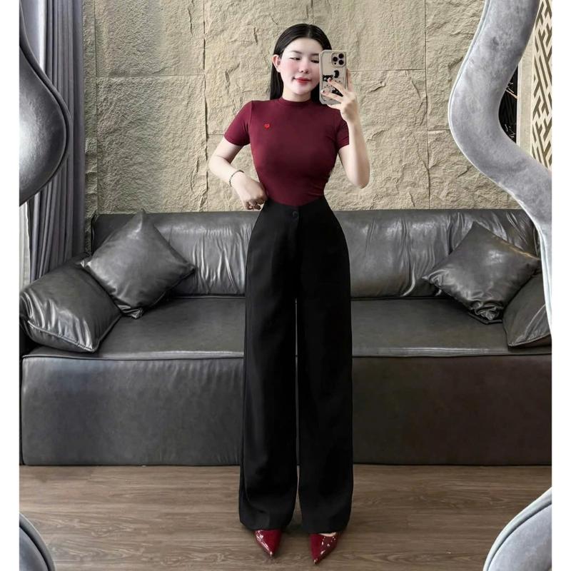 Quần ống rộng cạp cao 1 2 khuy nữ Đi học làm công sở vải tuyết mưa mềm màu Đen dáng Dài 95cm quần ống suông nữ lưng cao học sinh