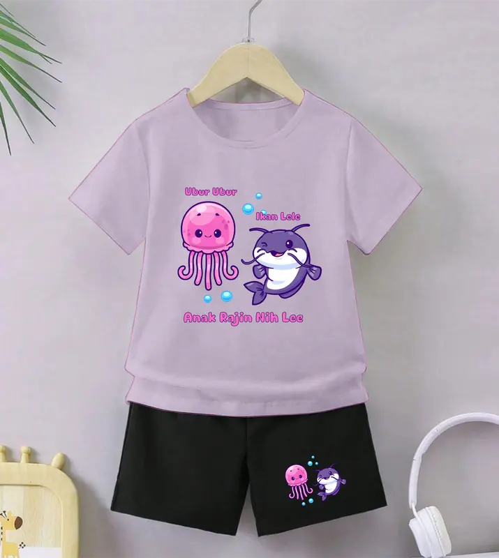 Luwi Kids Setelan Anak Celana Hitam Cewek Cowok Gambar Ubur Ubur Ikan Lele Celana Fashion set Baju 8