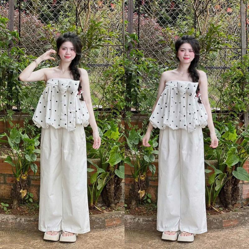  sét đồ nữ áo mango cúp ngực đính bông kèm quần dài ống rộng siêu xinh 