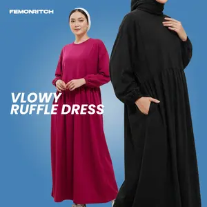 Femonritch Vlowy Ruffle Dress Wanita Super Comfy Cotton Gaun Casual Baju Terusan Simple Katun Oversize