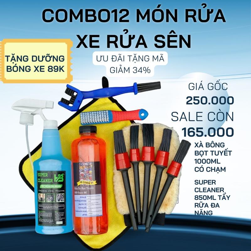 Combo 12 món xà bông 1000ml + Super Clener dung tích 850ml kèm dụng cụ rửa xe phụ kiện khăn lau xe