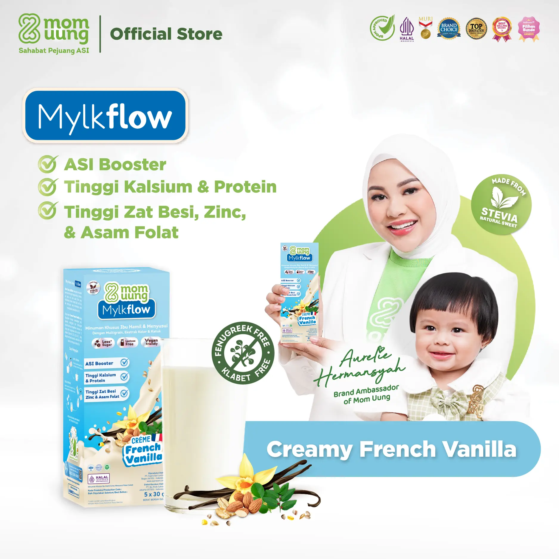 Mom Uung Susu Mylkflow - Susu Pelancar ASI Dengan Ekstrak Multigrain, Kelor & Katuk & Stevia - Lactose FREE - Bpom Halal