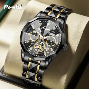 (002 Harga Telah Diganti, Cepat Beli) Jam Tangan Pria Mewah POSHI Skeleton Dial Tahan Air Fungsi Kalender & Bisnis Bahan Stainless Steel - Watches