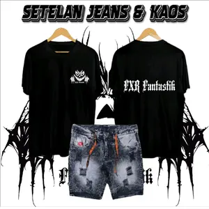PAKET HEMAT SETELAN JEANS SOBEK PENDEK DAN KAOS FXR FANTASTIK DEWASA