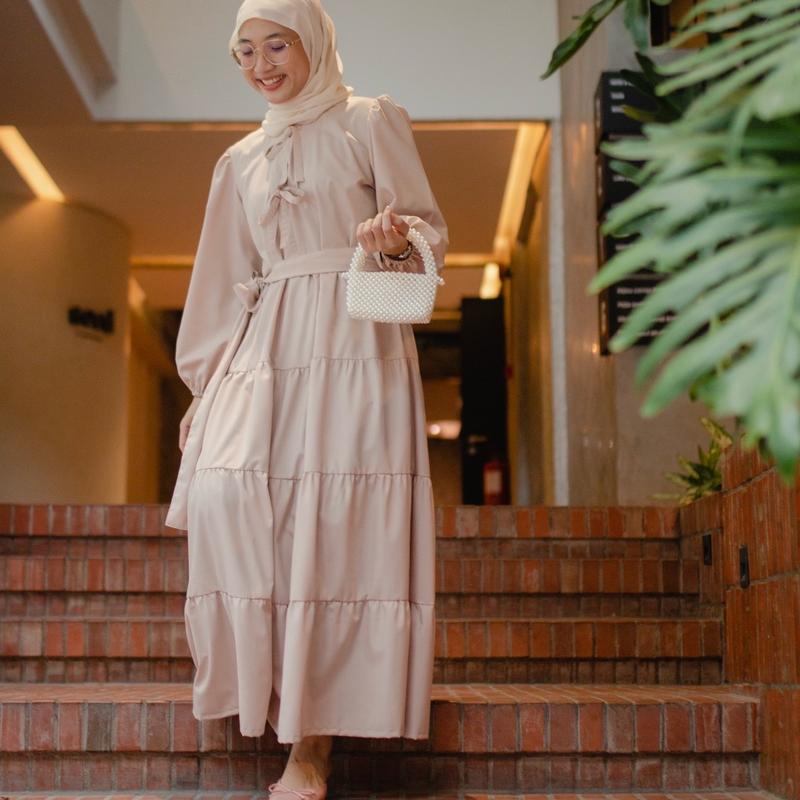 Mia Ribbon Dress in Oatmeal Latte - TikTok Shop Malaysia