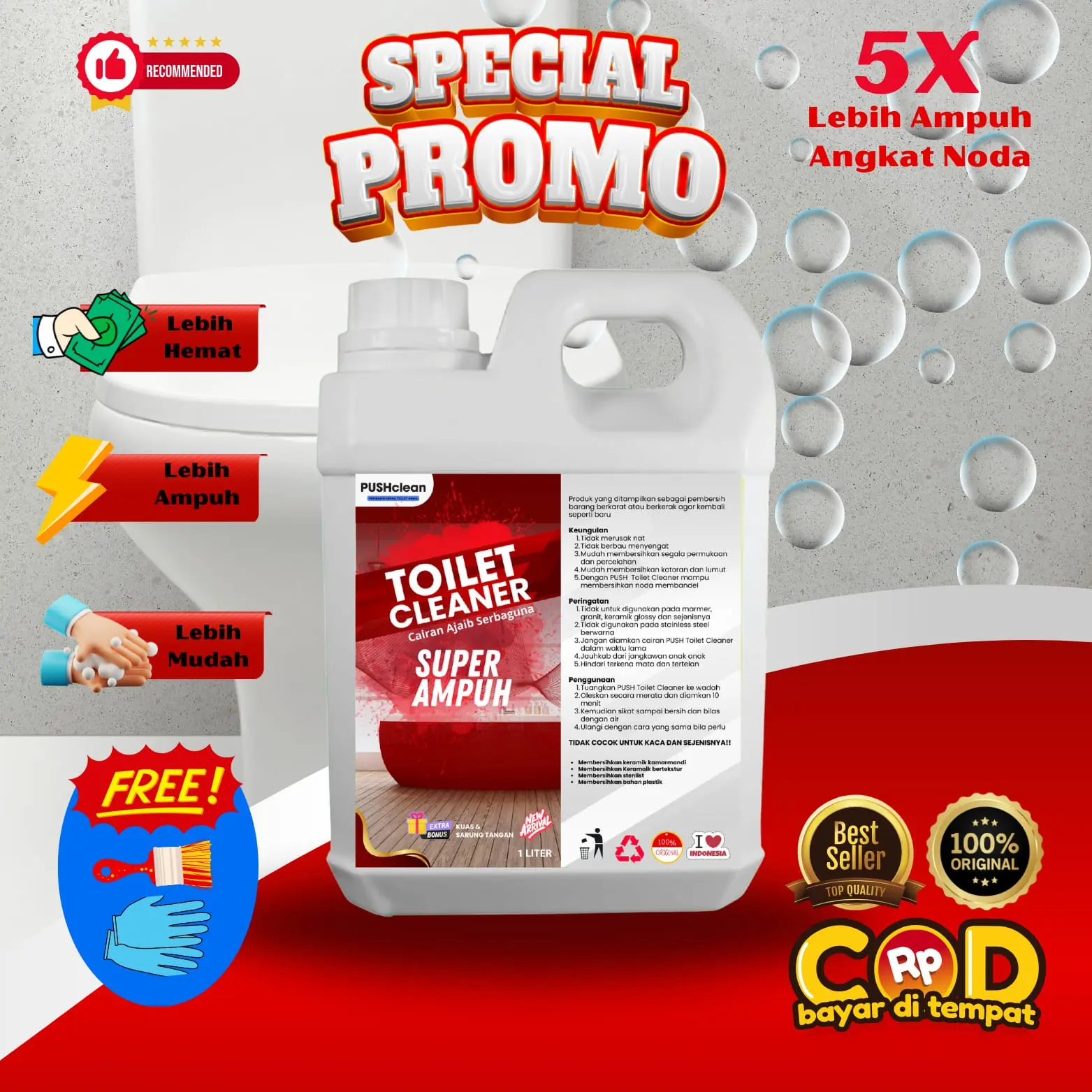 PUSHCLEAN TOILET CLEANER CAIRAN FINK PEMBERSIH KAMAR MANDI TOILET CLOSET KRAN WASTAFEL KRAN TORN NODA KUNING LUMUT DAN KERAK