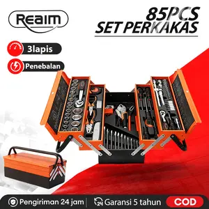 【Diskon Ramadan 30%】REAIM Perkakas Set  Tool Box Set Kunci Set Lengkap 85PCS Tool Kit Set Perkakas Lengkap dengan Kotak Besi Tebal untuk Rumah & Bengkel
