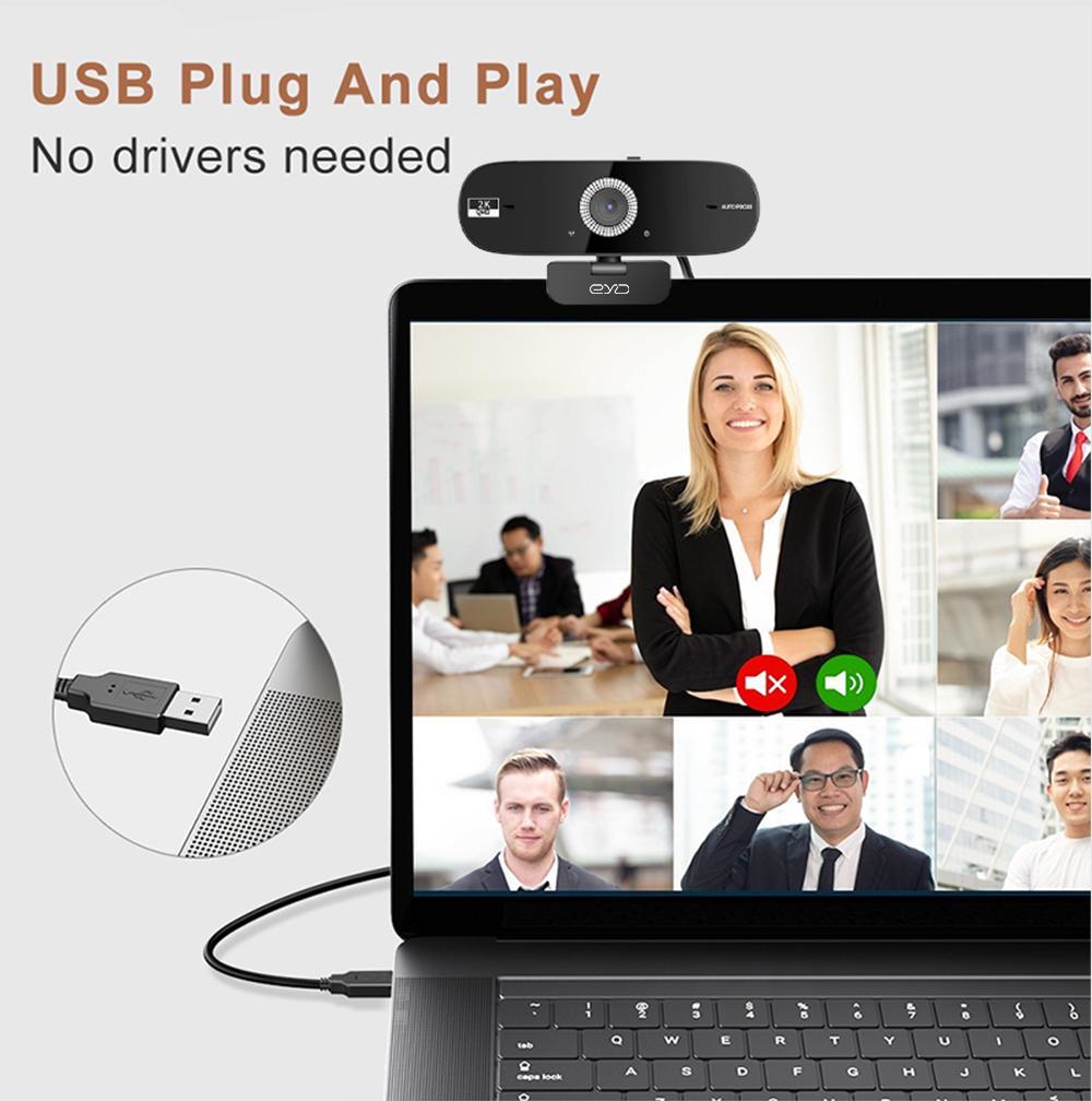 EYD 2K Webcam Autofocus Mikrofon internal Tutup Lensa Privasi Rotasi 360 Untuk USB Laptop Komputer PC Camera PC02 Kamera Windows/Linux/Android/MacOS