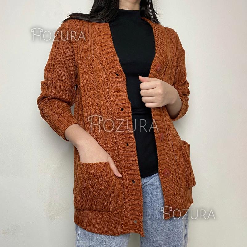Hozura - Cardigan Sweater Rajut Wanita Lanna (Batta) - Cardigan Rajut Jumbo Oversize Tebal - Outer Wanita - Sweater Korean Style Kekinian Terbaru - CABLE CARDY kardigan rajut kepang jumbo wanita panjang cardigan kancing oversize tebal terbaru impor - 2