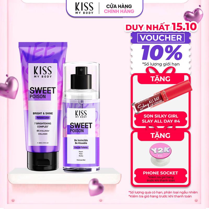 Kiss My Body Bộ Đôi Body Lotion & Body Mist Sweet Poison 226g - Sữa Dưỡng Thể & Xịt Thơm Hương Nước Hoa Đào Hồng Xạ Hương Tự Tin Nổi Bật