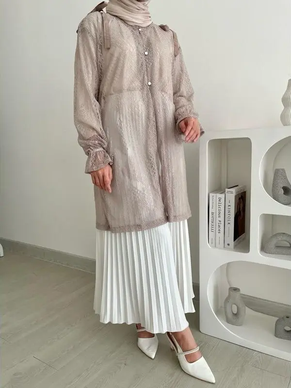 Meera Lace By Haimoon Brokat Lace Tunik Motif Muslim Wanita Atasan Katun Remaja Panjang Dress Dewasa Midi Rayon Kotak