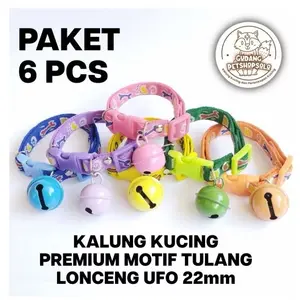 Paket 6pcs Kalung Kucing Motif Tulang Lonceng UFO 22mm dengan Plastik dan Handtag