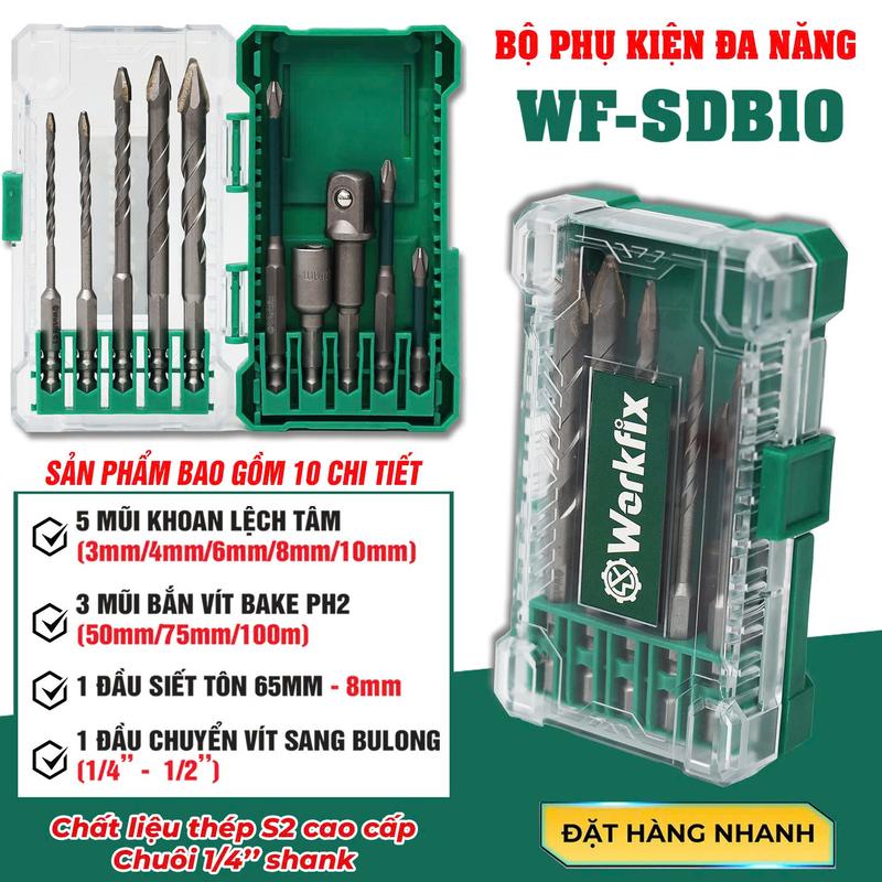 Bộ 10 Phụ Kiện Đa Năng Workfix - WF-SDB10 - Mũi Khoan Đa Năng Lục Giác Mũi Bắn Vít Bake PH2 Đầu Chuyển Vít Sang Bulong Đầu Gắn Nối Vít Tiện Lợi