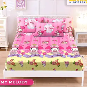 Sprei Motif Melody, Kuromi Sanrio Seprei Anak Bahan Katun disperse Halus Sudah 1 set dengan Sarung Bantal Dan Guling ada Karet disetiap sudutnya.