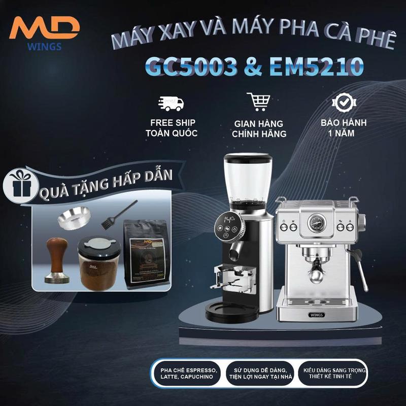 COMBO Máy pha cà phê MDWINGS EM5210 công suất 1350W 20bar và Máy xay cà phê MDWINGS GC5003 công suất 150W - BH 12 tháng