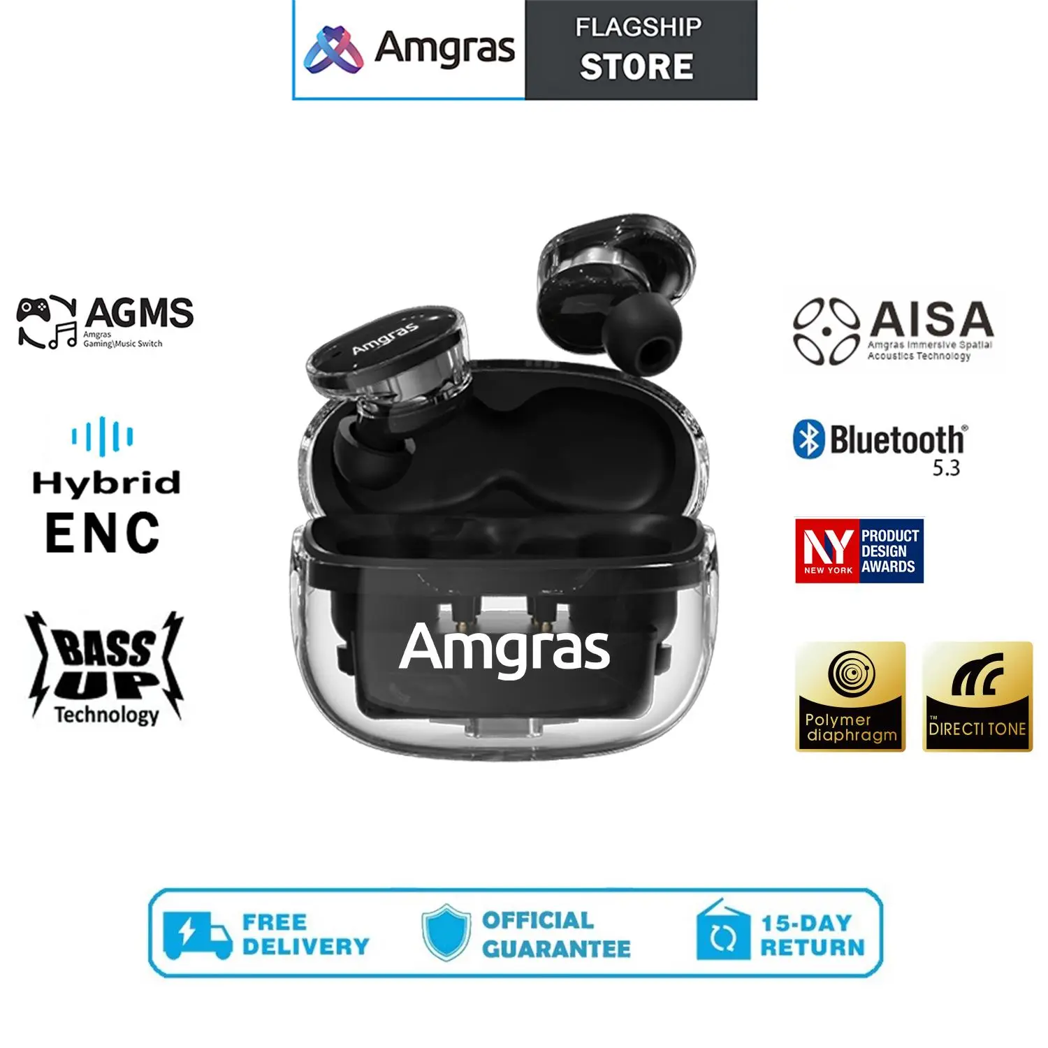 Amgras Future SE2 Transparent Wireless Earbud Gaming ENC Noise Reduction 5.3 Bluetooth Earphone HIFI stereo Super bass