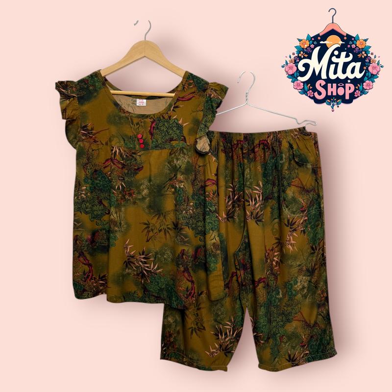 Đồ bộ nữ trung niên quần lửng tay cánh tiên - Tôn nhung mềm mại, thoáng mát cho mẹ ngày hè (49-90kg) | Quần Áo Nữ Women