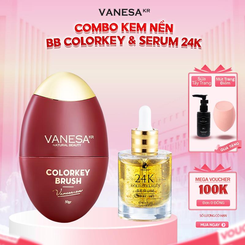 Combo Kem Nền BB Colorkey Brush Vanesa 50g & Serum vàng 24k Vanesa Gold Collagen Dưỡng Trắng Da Chống Lão Hóa 40ml