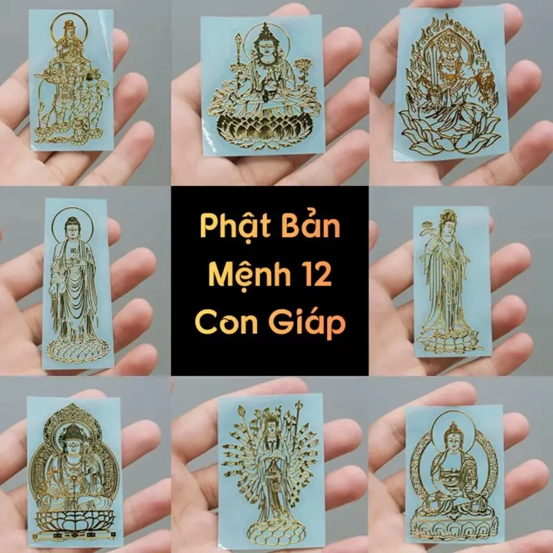 Miếng Dán Tám Vị Phật Bản Mệnh 12 Con Giáp Bằng Sợi Kim Loại-Dán Điện Thoại-LapTop-Bàn Làm Việc