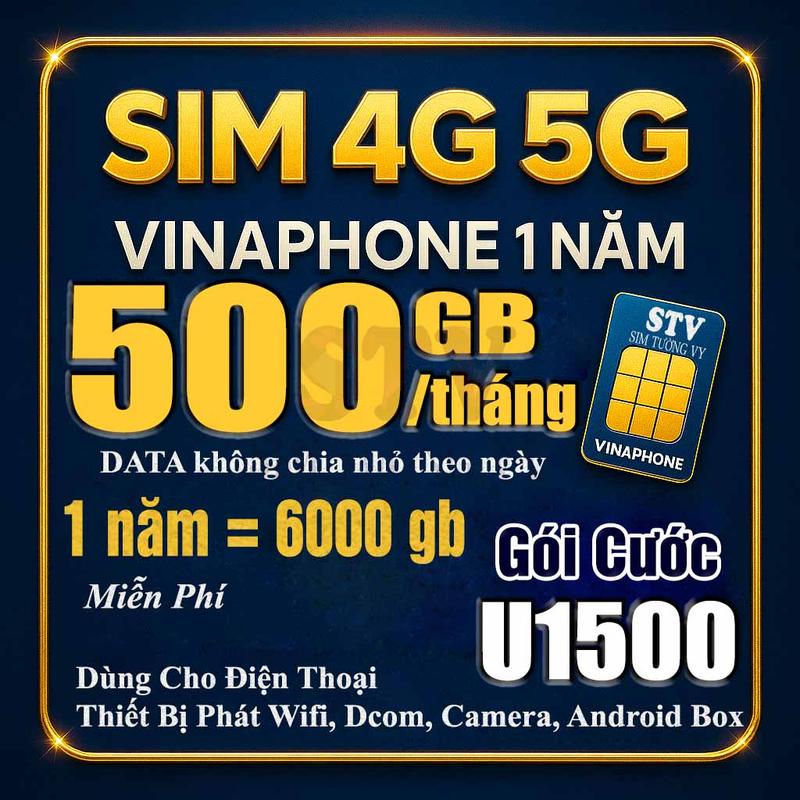 Sim 4G 5G Vinaphone U1500 Miễn phí 1 năm không nạp tiền (500gb/tháng x 12 tháng) -Sử dụng trên Toàn quốc