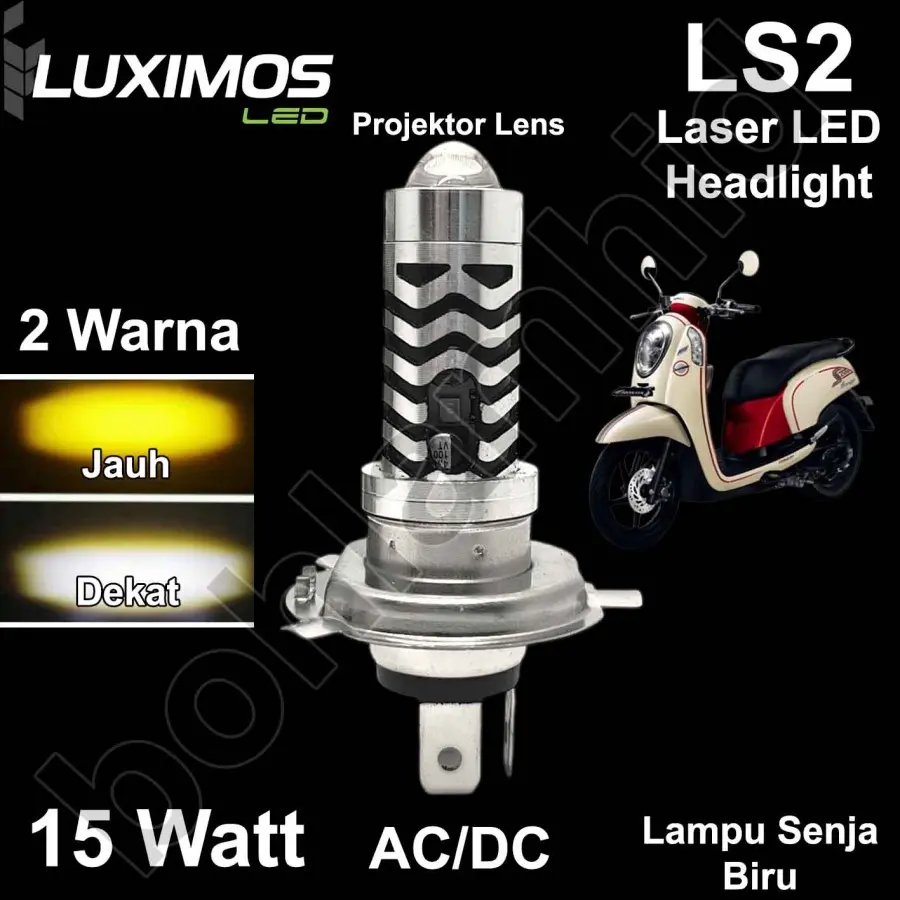 Lampu Motor LED Laser SCOOPY FI Luminos H4 HS1 30W 2Warna Putih Kuning Projektor +LED Senja