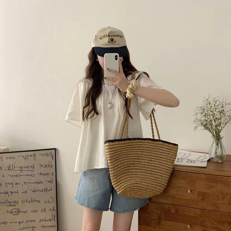 Product Introduction of South Korea Chic Temperamental Minority Elastic Pleated Square Collar Short Loose Large Bell Sleeve Short Sleeve Shirt Top Fabric Fit Womenswear Blouse Clothing Polyester Sleeved Lingerie Solid Style Basic Fitted Minimalist 16