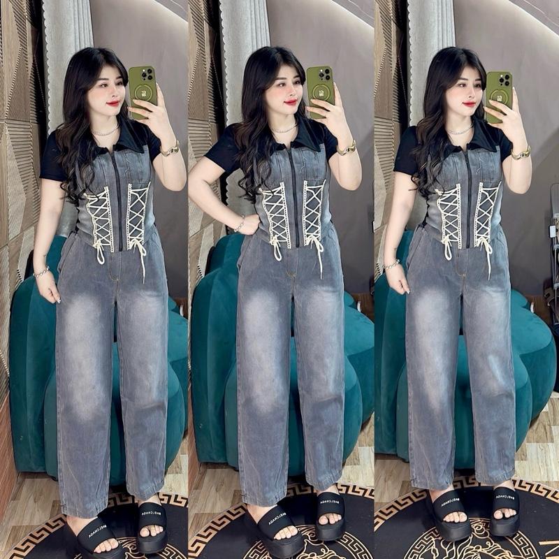 45-58kg- Set jean áo tay ngắn may phối vạt xéo. Quần jean dài lưng chun có túi